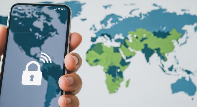 Global cybersecurity concept with smartphone and world map, digital data protection and mobile security, secure roaming and privacy