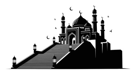 Eid ul Adha Mosque, Islamic Architecture, Black Silhouette, Vector Illustration, Religious Building isolated on White Background vector © MdAbdul