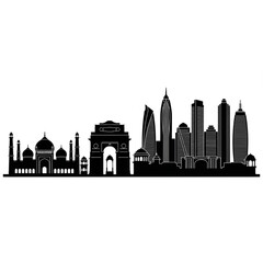 Fototapeta premium A black and white vector graphic illustration of the New Delhi skyline, featuring iconic landmarks and modern skyscrapers