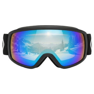 Ski goggles with mountain reflection.