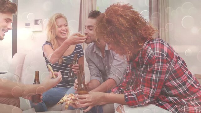 Lifestyle scene pizza box opening, friends grabbing slices and sharing beers, bite icons over hands