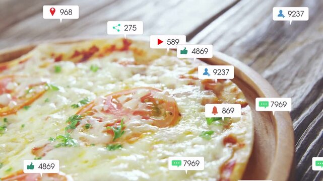 Vertical video: Popping badges covering pizza on wooden platter at cafe, showing social counts