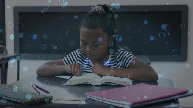 Opening book starting kid leaning tracking text with finger turning pages to learn hexagon drifting