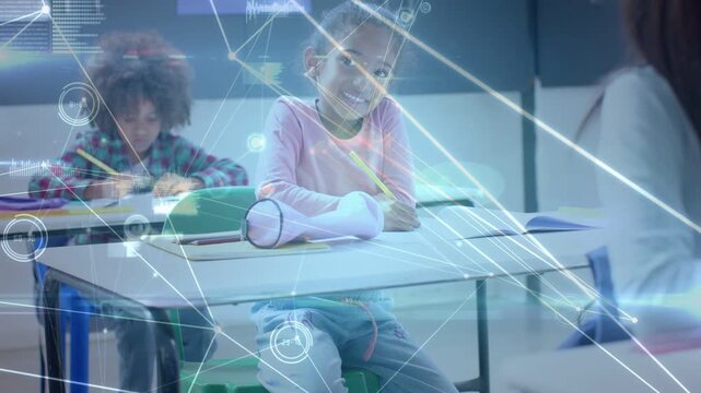 Girl writing with pencil for classwork starting node overlay marking desk receding while smiling