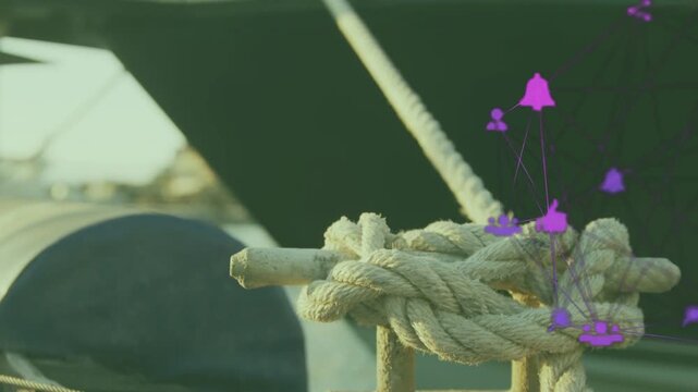 Knotted rope on cleat, first frames starting purple nodes pulsing near knot, showing boat alerts