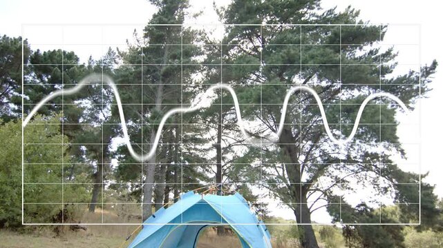 Vertical video: Entering left white wave moving across grid over blue tent at pines showing peaks