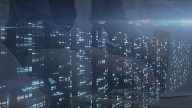 On play, glowing window-grid scrolling right while flickering with lens flare aiding tech demo