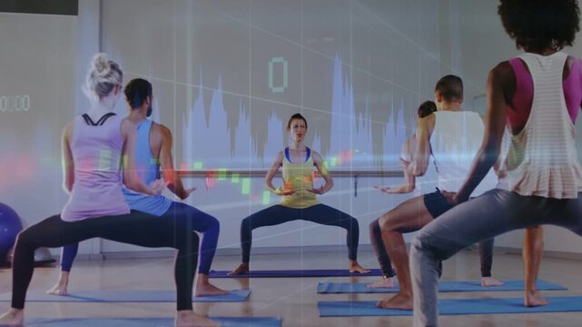 Vertical video: Coach leading fitness class raising hands cueing squat to wide arms overlay static