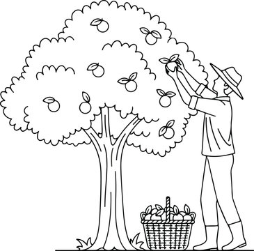 Traditional farmer carrying vegetable baskets on a yoke and market stall illustration