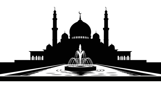 Eid ul Adha Mosque, Islamic Architecture, Silhouette, Black and White, Vector Illustration, Religious Building isolated on White Background vector