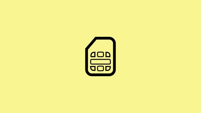 Sim Card neon sign appear in center and disappear after some time. Animated blue neon icon on yellow background. Looped animation.