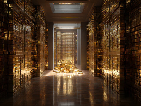 Grand library hall with endless rows of books and warm lighting