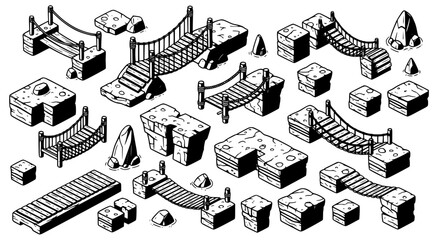 Isometric fantasy stone and rope bridge vector set with rocky platforms canyon crossings and mountain trail elements for game design © Kulsum