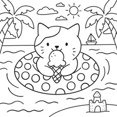 Fototapeta premium Cat floating in a polka dot inflatable ring while holding an ice cream cone on a summer beach with palm trees and a sandcastle.