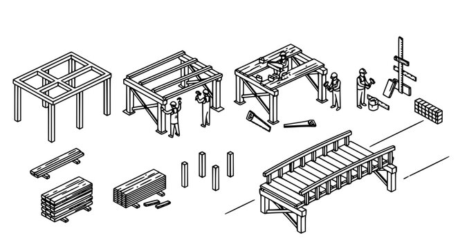 Isometric Wooden Bridge Construction Process Set with Workers Timber Materials Structural Framing and Finished Walkway for Industrial Vector Illustration.
