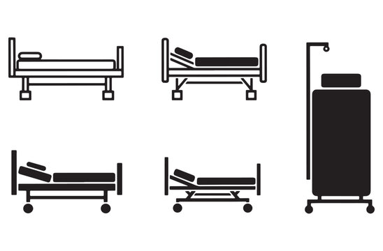 Collection of hospital bed icons showing various adjustable positions and clinical medical furniture styles for healthcare facility layout design and patient care visualization.
