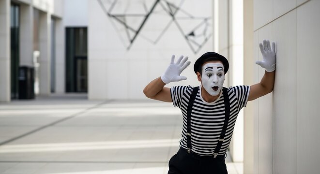 Captivating street mime artist in classic black and white costume expr