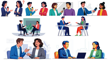 Fototapeta premium Professional workplace people discussing interview process in modern office setting, showcasing vector-style business communication, teamwork, recruitment strategy, and career opportunities.