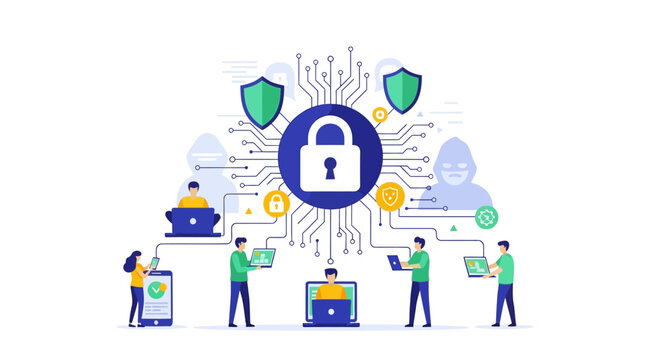 Cybersecurity concept with digital lock and network connections.