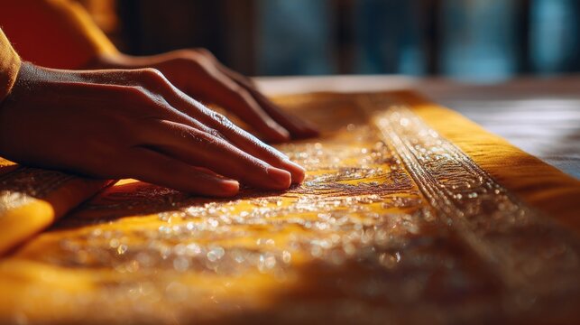 A close-up of the Guru Granth Sahib being opened in the morning (Prakash ceremony), hands respectfully touching the fabric, golden light streaming in, sacred moment, shallow focus on the hands