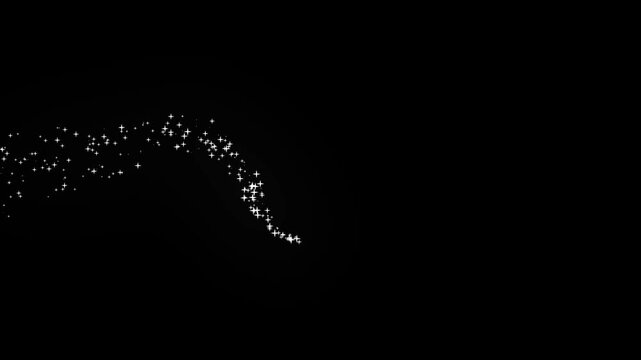 Cinematic magic glitter trail animation with shining star particles, flowing fairy dust line, smooth twinkle motion path and seamless loop effect on black screen 4k.