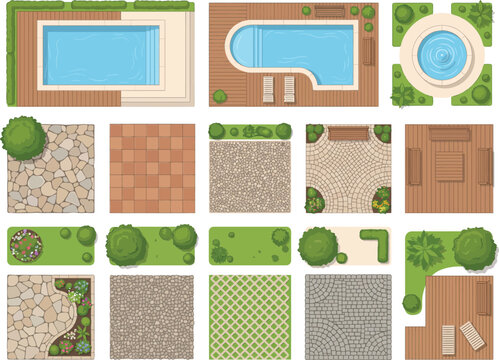 Color vector CAD landscape architecture set, pools paving textures grass trees shrubs and site plan blocks for garden design, urban planning, and exterior architectural layouts
