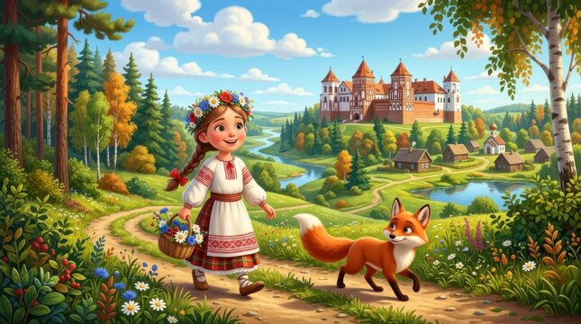 Happy Girl with Fox Walking in Vibrant 3D Cartoon Landscape