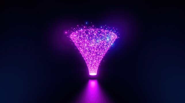 Bright pink light streams upward, forming cone shape. Dark background emphasizes glowing particles, creating futuristic effect.
