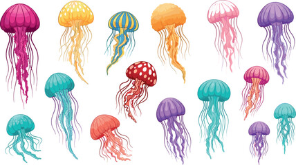 Colorful jellyfish collection with various marine species floating underwater isolated on white background for ocean wildlife illustration and aquatic design concepts © MdMojnu