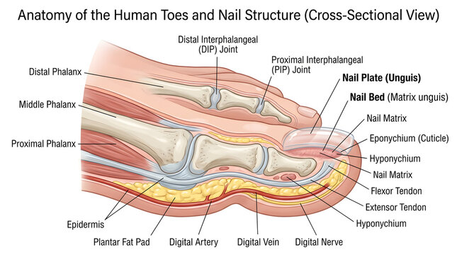 Cross‑sectional anatomy of the human toes and nail structure showing proximal, middle and distal phalanges, interphalangeal joints, nail plate, nail bed, matrix, eponychium, flexor and extensor tendon
