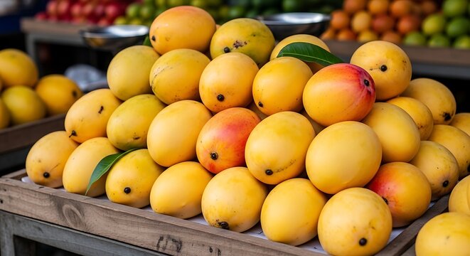 Fresh mangoes displayed for sale in a market environment