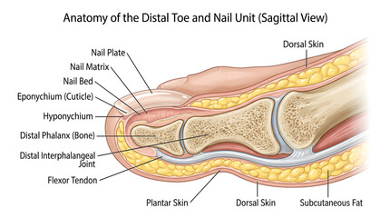 Fototapeta premium Sagittal cross‑section of the distal toe and nail unit showing nail plate, nail matrix, nail bed, eponychium, hyponychium, distal phalanx bone, distal interphalangeal joint, flexor tendon, plantar ski