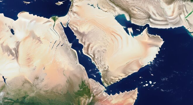 Satellite view of Middle East and North Africa, aerial earth map of Arabian Peninsula and Red Sea, desert landscape from space