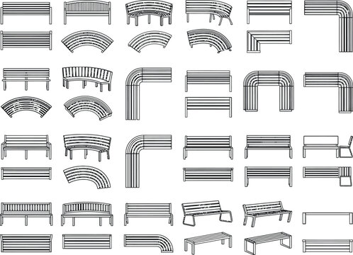 Gray scale CAD bench seating blocks set, curved straight modular benches in plan and elevation style for park design, urban plazas, street furniture and landscape architecture drawings