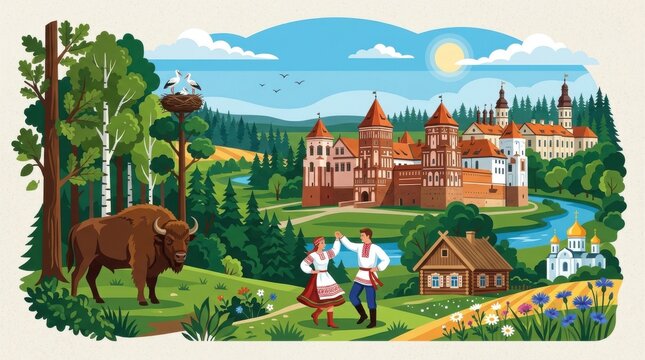Idyllic Rural Landscape with Traditional Dancers and Wildlife