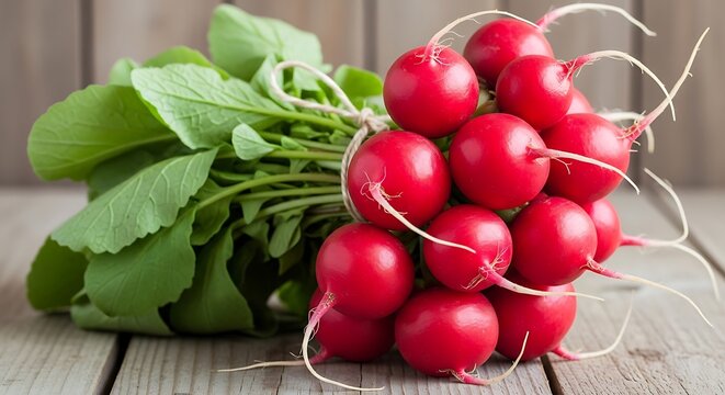 Fresh radishes with green leaves displayed on a wooden surface