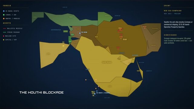 Animated strategic map of the Houthi blockade showing the Red Sea region, maritime routes, and military markers in a dark geopolitical briefing style.
