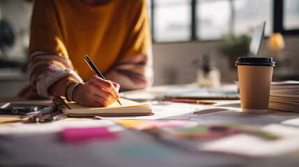 Obraz premium modern female entrepreneur workspace with a woman writing notes in a notebook, close-up of hands with a pen, aesthetic lifestyle shot featuring a blue coffee mug and creative office supplies