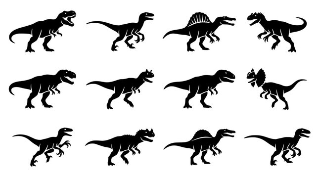 Collection of various dinosaurs in black silhouette vector illustration