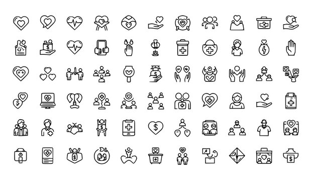 Love friendship care and charity icon set with community support symbols in clean outline 64x64 vector illustration