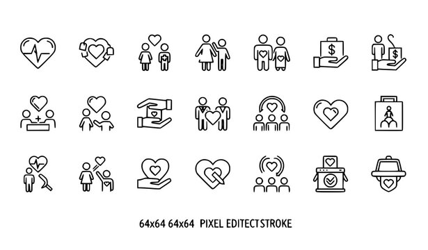 Modern love and charity icon collection with friendship and care outline symbols in 64x64 vector design
