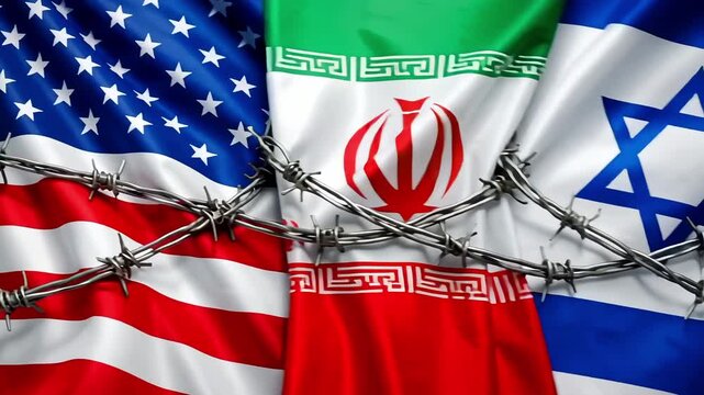 Concept of USA and Israel Flags with Iran Flag Bound by Barbed Wire
