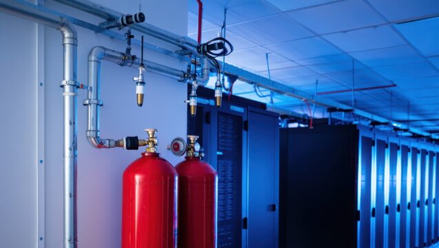 Industrial fire suppression system with red gas cylinders in modern data center server room