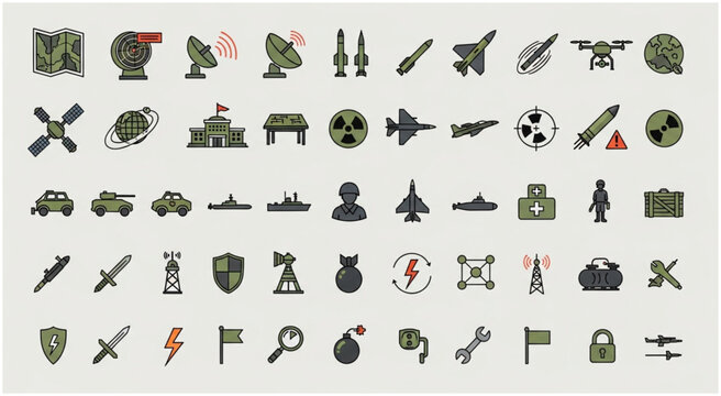Collection of military and defense icons representing various equipment and symbols.