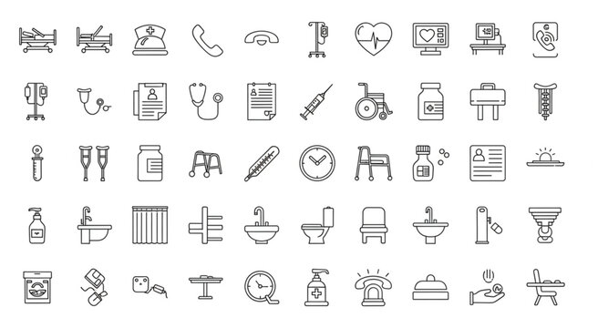 Collection of medical and healthcare icons representing various medical equipment and tools.