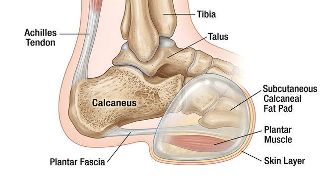 Sagittal illustration of the heel showing calcaneus, Achilles tendon insertion, plantar fascia, plantar muscle layer, subcutaneous calcaneal fat pad and skin, depicting structures responsible for cush
