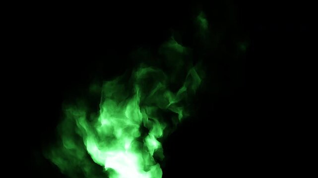 Abstract green flame and swirling smoke rising on a black background, glowing fire and vapor effect for horror, fantasy, energy, magic, and motion design overlays