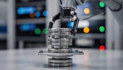Fototapeta premium Shot highlighting the robotic arm carefully stacking replicated discs with colorful indicator lights softly blurred in the backdrop for tech ambiance.