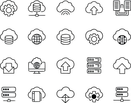 Thin Line SaaS Cloud Software Icons Set 20 Icons Grid
