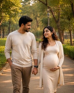 Happy Indian Couple Walking Hand in Hand in Park During Pregnancy - Pregnant couple holding hands while walking in the park